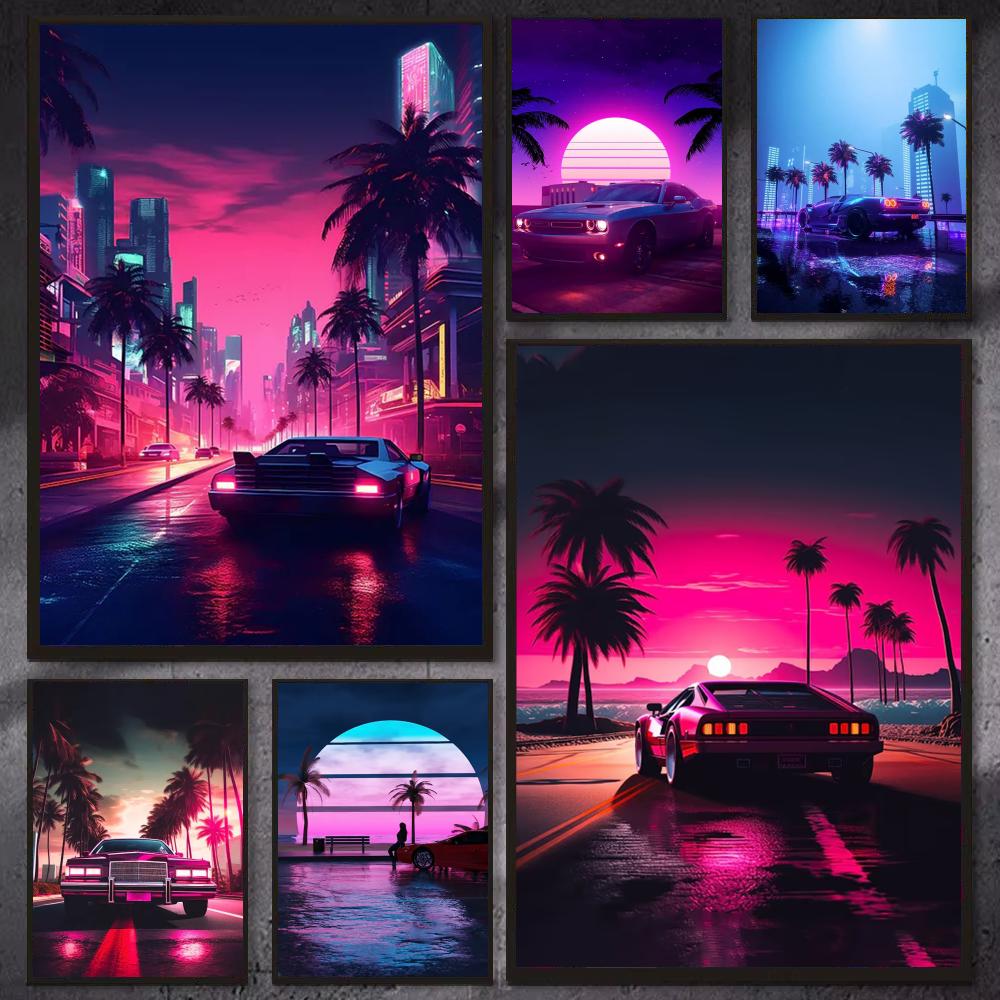 Retro Gaming Wallpaper - Cyberpunk jaren '80 Retro autostad Poster