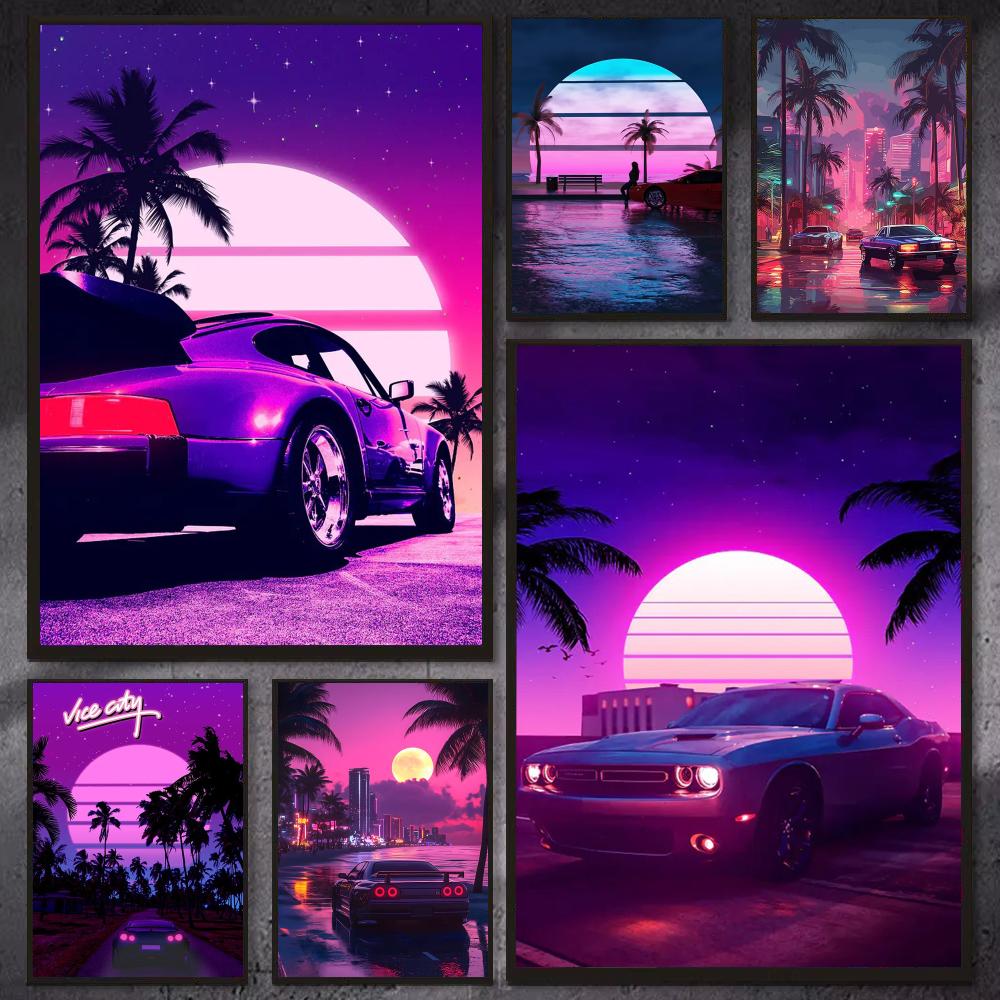 Retro Gaming Wallpaper - Cyberpunk jaren '80 Retro auto stadsposter