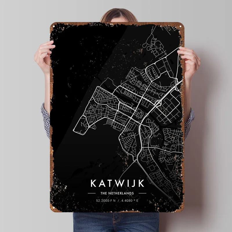 Retro Gaming At Home - Katwijk Stadskaart Donkere Posterkaart Metalen Bordschilderingen
