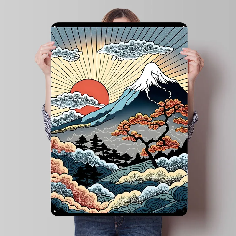 Retro Gaming At Home - Fuji Zonsopgang Retro Kunst Tekstprint Metalen